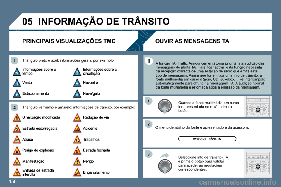 Peugeot 407 2010  Manual do proprietário (in Portuguese) 158 
�0�5
�2
1
�3
�2
1
 INFORMAÇÃO DE TRÂNSITO 
PRINCIPAIS VISUALIZAÇÕES TMC 
  Triângulo vermelho e amarelo: informações de trân
sito, por exemplo: 
  Triângulo preto e azul: informações 