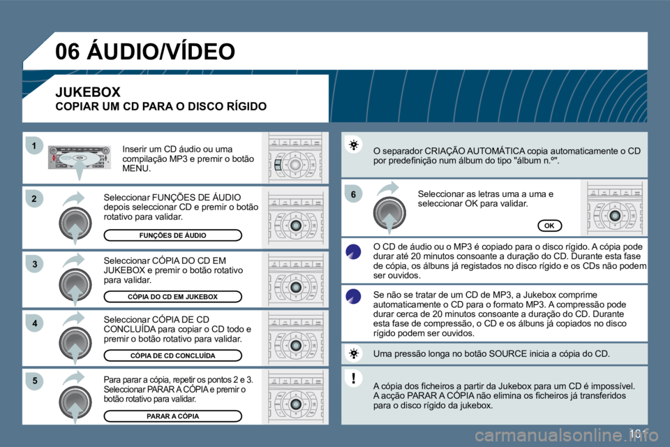 Peugeot 407 2010  Manual do proprietário (in Portuguese) 161
�2�2
�3�3
11
�5�5
�6�6
�4�4
�0�6
CÓPIA DO CD EM JUKEBOX
CÓPIA DE CD CONCLUÍDA
PARAR A CÓPIA
OKFUNÇÕES DE ÁUDIO
 Seleccionar CÓPIA DO CD EM JUKEBOX e premir o botão rotativo para validar. 
