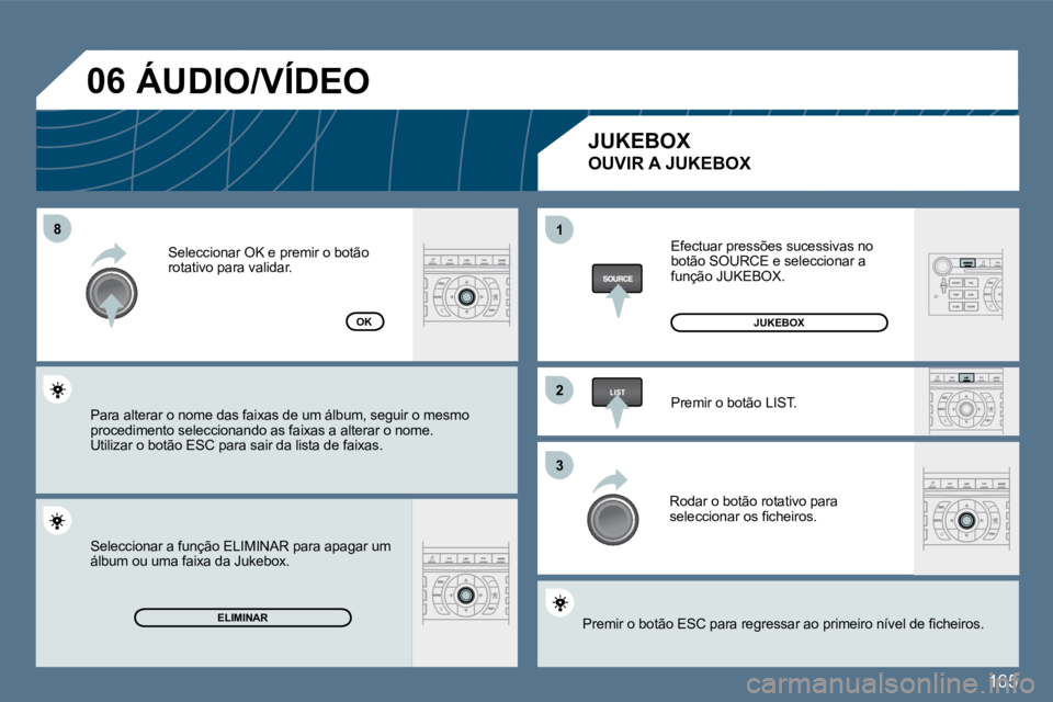 Peugeot 407 2010  Manual do proprietário (in Portuguese) 165
�8�8
�2�2
�3�3
11
�0�6
ELIMINAR
OK
 Efectuar pressões sucessivas no botão SOURCE e seleccionar a função JUKEBOX. 
 Premir o botão LIST. 
 Rodar o botão rotativo para �s�e�l�e�c�c�i�o�n�a�r� 