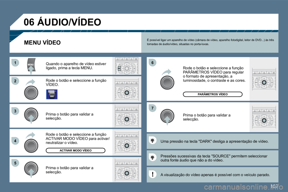 Peugeot 407 2010  Manual do proprietário (in Portuguese) 167
11
�2�2
�3�3
�4�4
�5�5
�6�6
�7�7
�0�6
ACTIVAR MODO VÍDEO
PARÂMETROS VÍDEO
 É possível ligar um aparelho de vídeo (câmara de vídeo, aparelho fotodigital, leitor de DVD...) às três tomadas