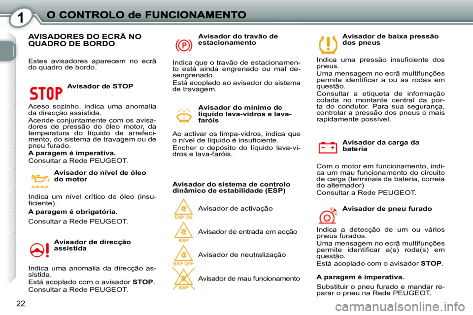 Peugeot 407 2010 Manual do proprietário (in Portuguese) 1
22
Avisador da carga da
bateria
Com o motor em funcionamento, indi-
ca um mau funcionamento do circuito
de carga (terminais da bateria, correia
do alternador)
Consultar a Rede PEUGEOT. Peugeot 407 2010 Manual do proprietário (in Portuguese) 1
22
Avisador da carga da
bateria
Com o motor em funcionamento, indi-
ca um mau funcionamento do circuito
de carga (terminais da bateria, correia
do alternador)
Consultar a Rede PEUGEOT.