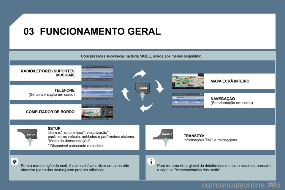 Peugeot 407 2010  Manual do proprietário (in Portuguese) 187
�0�3� �F�U�N�C�I�O�N�A�M�E�N�T�O� �G�E�R�A�L� 
  Para ter uma vista global do detalhe dos menus a escolher, consulte o capítulo "Arborescências dos ecrãs".   
Com pressões sucessivas na tecla 