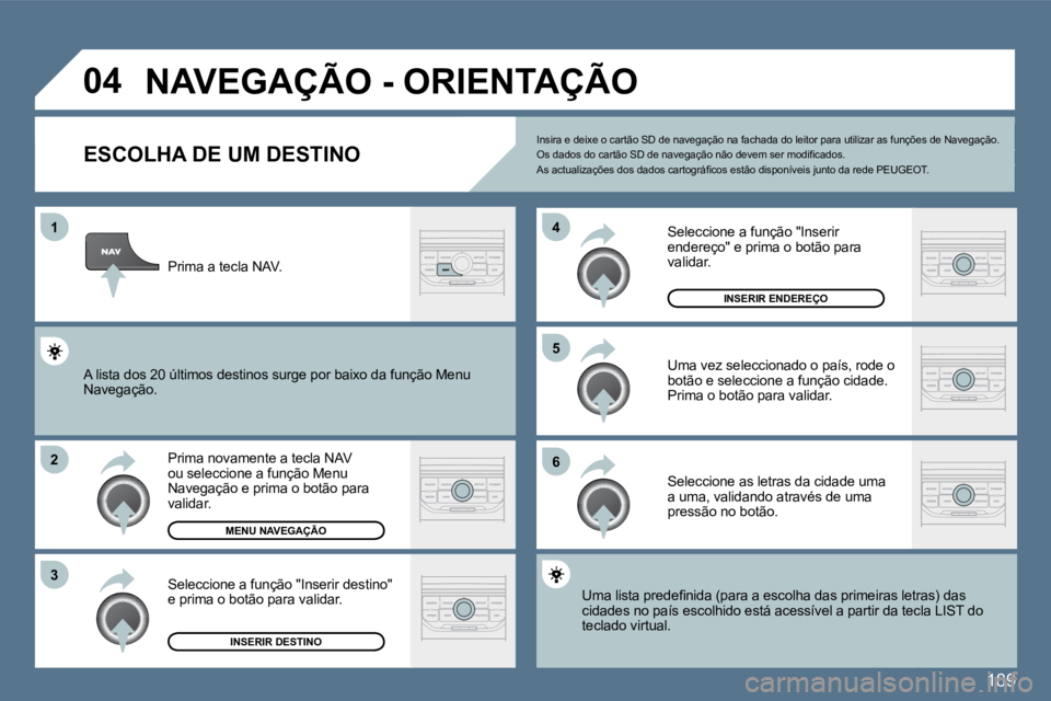 Peugeot 407 2010  Manual do proprietário (in Portuguese) 189
�1
�2
�3
�5 
�6
�4
�0�4� �N�A�V�E�G�A�Ç�Ã�O� �-� �O�R�I�E�N�T�A�Ç�Ã�O� 
�E�S�C�O�L�H�A� �D�E� �U�M� �D�E�S�T�I�N�O� 
  Prima novamente a tecla NAV ou seleccione a função Menu Navegação e p