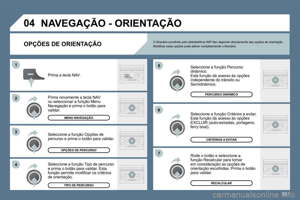 Peugeot 407 2010  Manual do proprietário (in Portuguese) 191
�4
�3
�2
�1
�7
�6
�5
�0�4� �N�A�V�E�G�A�Ç�Ã�O� �-� �O�R�I�E�N�T�A�Ç�Ã�O� 
� � �O�P�Ç�Õ�E�S� �D�E� �O�R�I�E�N�T�A�Ç�Ã�O� 
  Seleccione a função Percurso dinâmico.  Esta função dá aces