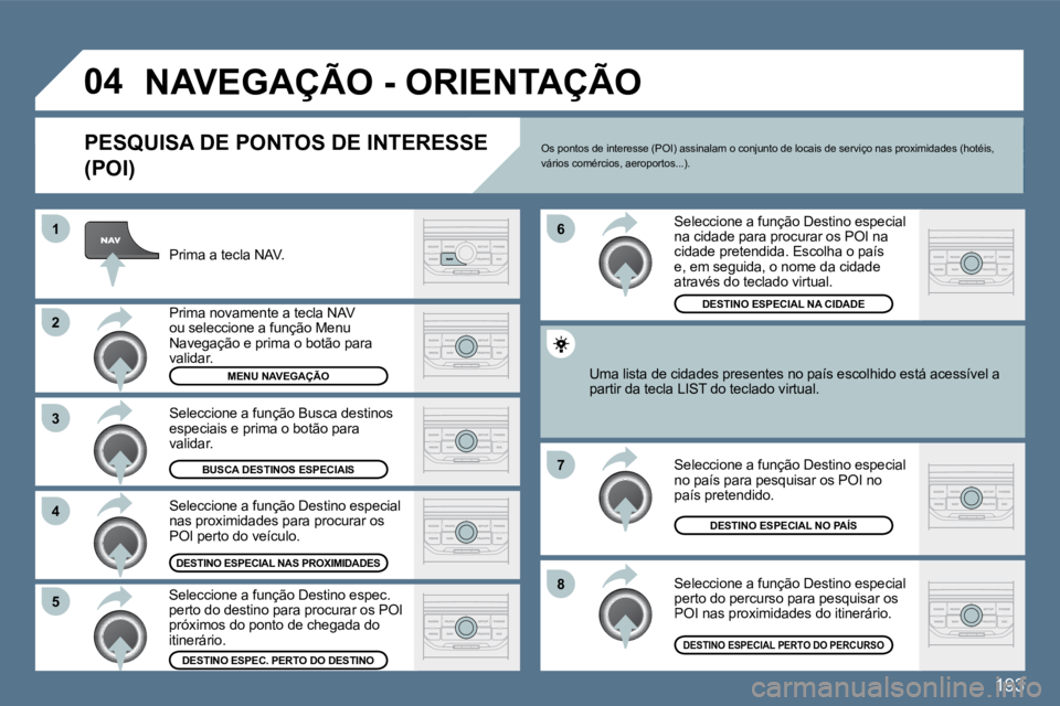Peugeot 407 2010  Manual do proprietário (in Portuguese) 193
�8
�6 
�7
�4
�3
�5
�2
�1
�0�4� �N�A�V�E�G�A�Ç�Ã�O� �-� �O�R�I�E�N�T�A�Ç�Ã�O� 
� � �P�E�S�Q�U�I�S�A� �D�E� �P�O�N�T�O�S� �D�E� �I�N�T�E�R�E�S�S�E� 
�(�P�O�I�)� 
  Prima a tecla NAV.  
  Prima n