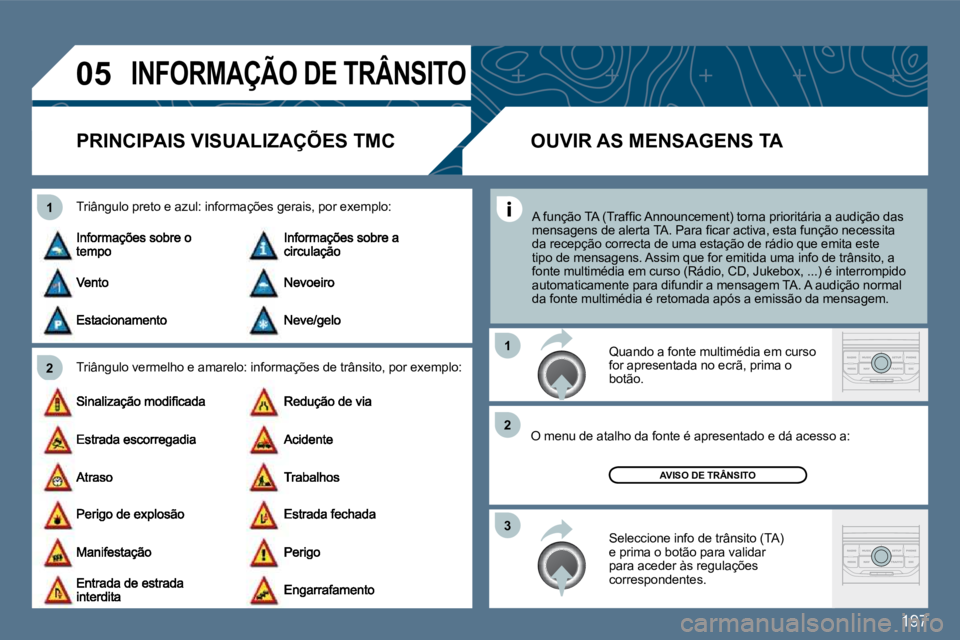 Peugeot 407 2010  Manual do proprietário (in Portuguese) 197
�0�5
�2
�1
�3
�2
�1
� �I�N�F�O�R�M�A�Ç�Ã�O� �D�E� �T�R�Â�N�S�I�T�O� 
�P�R�I�N�C�I�P�A�I�S� �V�I�S�U�A�L�I�Z�A�Ç�Õ�E�S� �T�M�C� 
  Triângulo vermelho e amarelo: informações de trân
sito, p