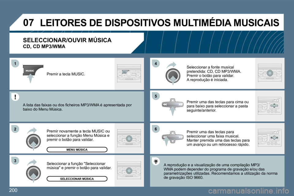 Peugeot 407 2010  Manual do proprietário (in Portuguese) 200
�0�7
�6
�4 
�5
�3
�2
�1
�S�E�L�E�C�C�I�O�N�A�R�/�O�U�V�I�R� �M�Ú�S�I�C�A� � 
�C�D�,� �C�D� �M�P�3�/�W�M�A� 
 A reprodução e a visualização de uma compilação MP
3o MP3/WMA podem depender do 