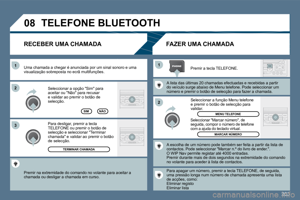 Peugeot 407 2010  Manual do proprietário (in Portuguese) 203
�0�8
�2
�1
�1 
�3
�2
 Premir na extremidade do comando no volante para a
ceitar a chamada ou desligar a chamada em curso.  
 Seleccionar a opção "Sim" para aceitar ou "Não" para recusar e valid