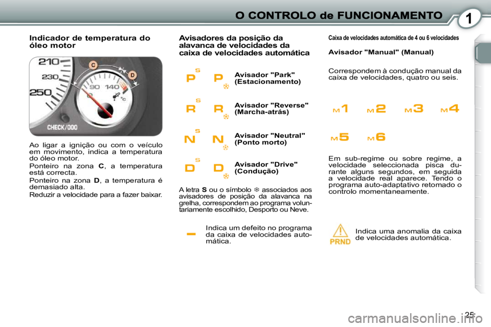 Peugeot 407 2010  Manual do proprietário (in Portuguese) 1
25
 Indica um defeito no programa  
da  caixa  de  velocidades  auto-
mática. 
 Avisadores da posição da alavanca de velocidades da caixa de velocidades automática 
 Indica  uma  anomalia  da  c