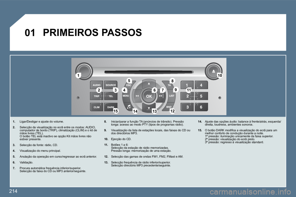 Peugeot 407 2010  Manual do proprietário (in Portuguese) 214
�0�1
�1�1
�2�2�3�3�4�4
�5�5
�6�6�7�7
�1�0�1�0
�1�1�1�1
�1�2�1�2�1�3�1�3�1�4�1�4�1�5�1�5
�8�8
�9�9
� �P�R�I�M�E�I�R�O�S� �P�A�S�S�O�S� 
� � � �1�.� �  �L�i�g�a�r�/�D�e�s�l�i�g�a�r� �e� �a�j�u�s�t�e
