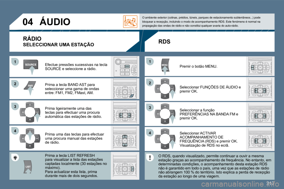 Peugeot 407 2010  Manual do proprietário (in Portuguese) 217
�2�2
�3�3
�4�4
�1
�2�2
�4�4
�3�3
�1�1
�0�4� �Á�U�D�I�O� 
� �E�f�e�c�t�u�e� �p�r�e�s�s�õ�e�s� �s�u�c�e�s�s�i�v�a�s� �n�a� �t�e�c�l�a� �S�O�U�R�C�E� �e� �s�e�l�e�c�c�i�o�n�e� �a� �r�á�d�i�o�.� � 