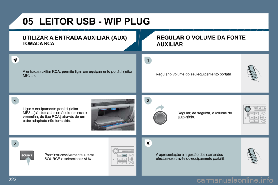Peugeot 407 2010  Manual do proprietário (in Portuguese) 222
�0�5
�1�1
�2�2
�2�2
�1�1
� �A� �a�p�r�e�s�e�n�t�a�ç�ã�o� �e� �a� �g�e�s�t�ã�o� �d�o�s� �c�o�m�a�n�d�o�s�e�f�e�c�t�u�a�-�s�e� �a�t�r�a�v�é�s� �d�o� �e�q�u�i�p�a�m�e�n�t�o� �p�o�r�t�á�t�i�l�.� 