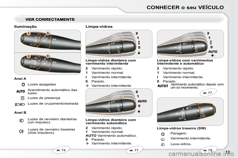 Peugeot 407 2010  Manual do proprietário (in Portuguese) CONHECER o seu VEÍCULO
  Iluminação  
  Anel B   Limpa-vidros dianteiro com  
varrimento intermitente  
  
2     Varrimento rápido. 
  
1     Varrimento normal. 
  
I     Varrimento intermitente. 