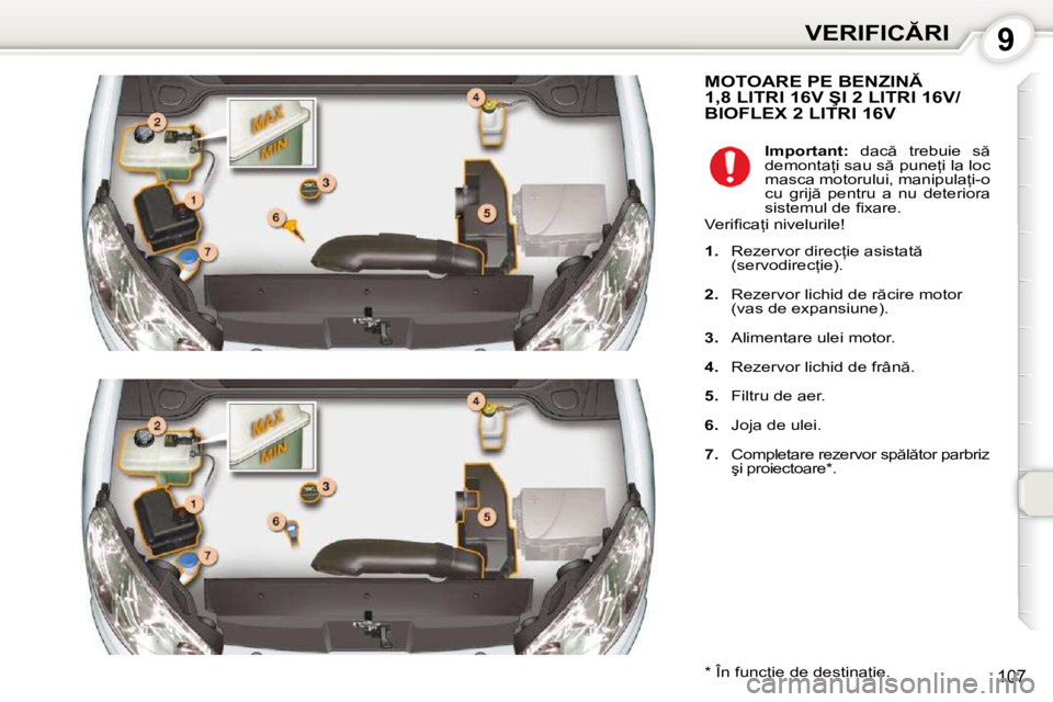 Peugeot 407 2010  Manualul de utilizare (in Romanian) 9�V�E�R�I�F�I�C�R�I
107
� �M�O�T�O�A�R�E� �P�E� �B�E�N�Z�I�N�1�,�8� �L�I�T�R�I� �1�6�V� �Ş�I� �2� �L�I�T�R�I� �1�6�V�/�B�I�O�F�L�E�X� �2� �L�I�T�R�I� �1�6�V� 
� � �*� � � �Î�n� �f�u�n�c=�i�e� �