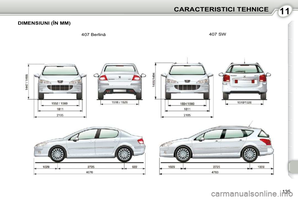 Peugeot 407 2010  Manualul de utilizare (in Romanian) 1111CARACTERISTICI TEHNICE
135
� �D�I�M�E�N�S�I�U�N�I� �(�Î�N� �M�M�)� 
� �4�0�7� �B�e�r�l�i�n � � �4�0�7� �S�W�      
