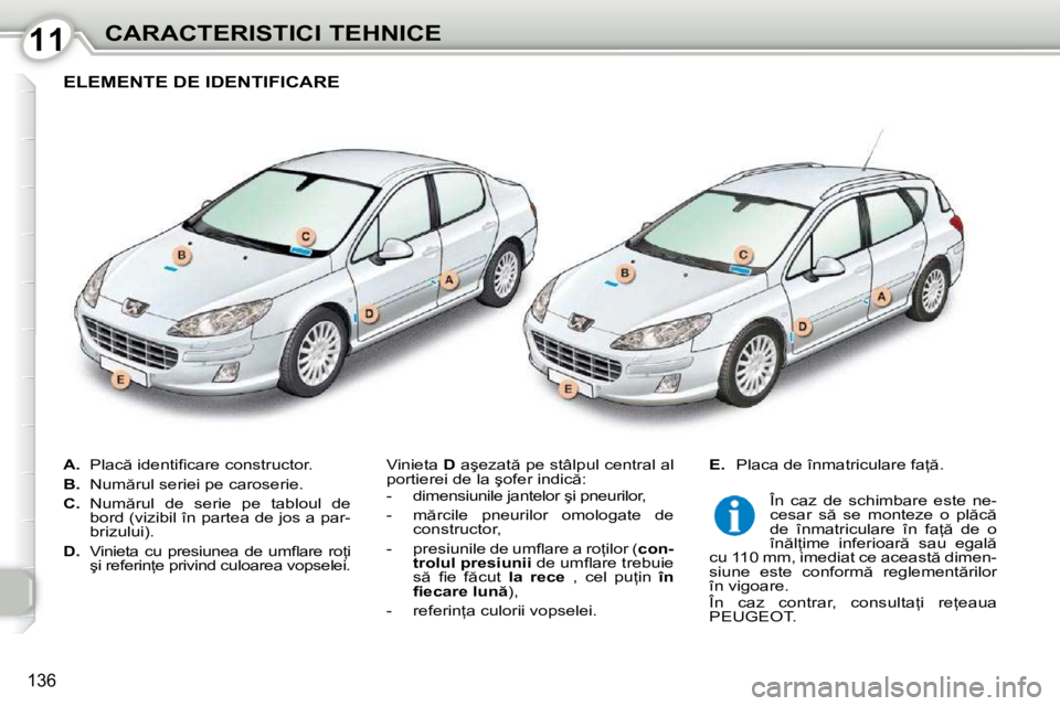 Peugeot 407 2010  Manualul de utilizare (in Romanian) 1111CARACTERISTICI TEHNICE
136
   
A. � �  �P�l�a�c � �i�d�e�n�t�i�ﬁ� �c�a�r�e� �c�o�n�s�t�r�u�c�t�o�r�.� 
  
B. � �  �N�u�m �r�u�l� �s�e�r�i�e�i� �p�e� �c�a�r�o�s�e�r�i�e�.� 
  
C. � �  �N�u�m �