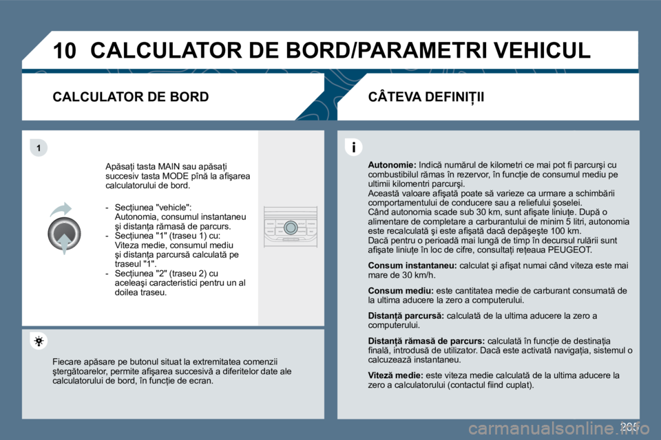 Peugeot 407 2010  Manualul de utilizare (in Romanian) �2�0�5
�1�0
�1
� �C�A�L�C�U�L�A�T�O�R� �D�E� �B�O�R�D�/�P�A�R�A�M�E�T�R�I� �V�E�H�I�C�U�L� 
� � �C�A�L�C�U�L�A�T�O�R� �D�E� �B�O�R�D� 
� �A�p �s�a=�i� �t�a�s�t�a� �M�A�I�N� �s�a�u� �a�p �s�a=�i� �