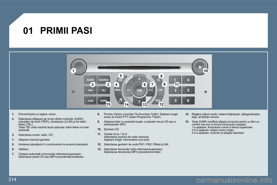 Peugeot 407 2010  Manualul de utilizare (in Romanian) 214
�0�1
�1�1
�2�2�3�3�4�4
�5�5
�6�6�7�7
�1�0�1�0
�1�1�1�1
�1�2�1�2�1�3�1�3�1�4�1�4�1�5�1�5
�8�8
�9�9
� �P�R�I�M�I�I� �P�A�S�I� 
�1�.� � �  �P�o�r�n�i�r�e�/�O�p�r�i�r�e� �ş�i� �r�e�g�l�a�r�e� �v�o�l�