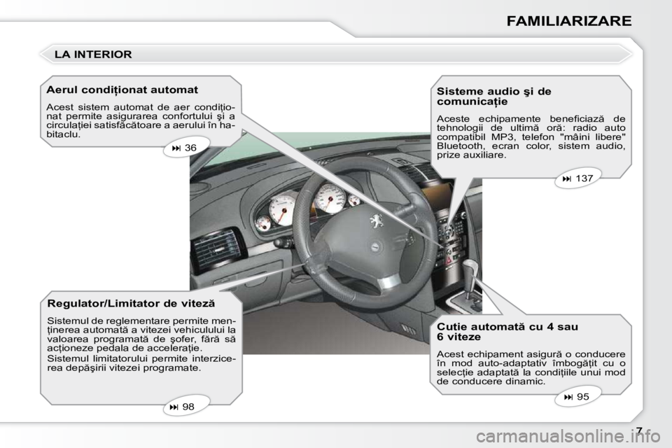 Peugeot 407 2010  Manualul de utilizare (in Romanian) FAMILIARIZARE
� � �A�e�r�u�l� �c�o�n�d�i �i�o�n�a�t� �a�u�t�o�m�a�t�  
� �A�c�e�s�t�  �s�i�s�t�e�m�  �a�u�t�o�m�a�t�  �d�e�  �a�e�r�  �c�o�n�d�i=�i�o�- 
�n�a�t�  �p�e�r�m�i�t�e�  �a�s�i�g�u�r�a�r�e�