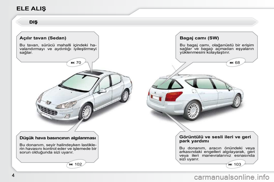 Peugeot 407 2010  Kullanım Kılavuzu (in Turkish) �E�L�E� �A�L�I�Ş� � �A�ç�ı�l�ı�r� �t�a�v�a�n� �(�S�e�d�a�n�)�  
 Bu  tavan,  sürücü  mahalli  içindeki  ha- 
�v�a�l�a�n�d�ı�r�m�a�y�ı�  �v�e�  �a�y�d�ı�n�l�ı�ğ�ı�  �i�y�i�l�e�ş�t�i�r�m�