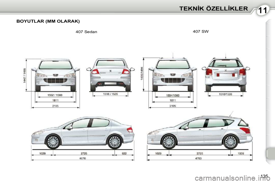 Peugeot 407 2010  Kullanım Kılavuzu (in Turkish) 1111�T�E�K�N�İ�K� �Ö�Z�E�L�L�İ�K�L�E�R
135
� �B�O�Y�U�T�L�A�R� �(�M�M� �O�L�A�R�A�K�)� 
� �4�0�7� �S�e�d�a�n� � �4�0�7� �S�W�      