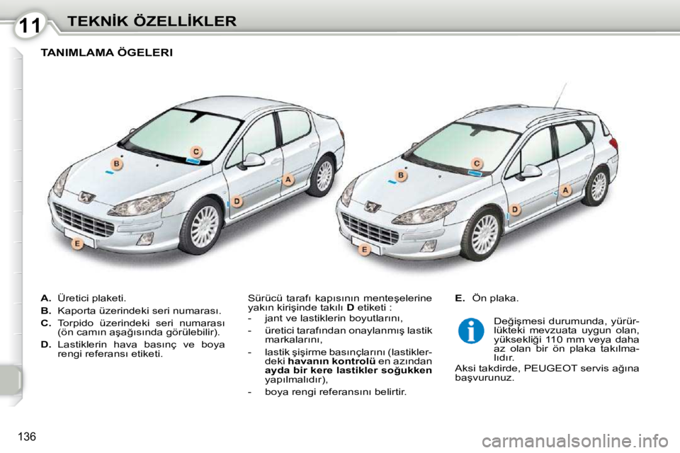 Peugeot 407 2010  Kullanım Kılavuzu (in Turkish) 1111�T�E�K�N�İ�K� �Ö�Z�E�L�L�İ�K�L�E�R
136
   
�A�. � �  �Ü�r�e�t�i�c�i� �p�l�a�k�e�t�i�.� 
  
B. � �  �K�a�p�o�r�t�a� �ü�z�e�r�i�n�d�e�k�i� �s�e�r�i� �n�u�m�a�r�a�s�ı�.� 
  
C. � �  �T�o�r�p�i�