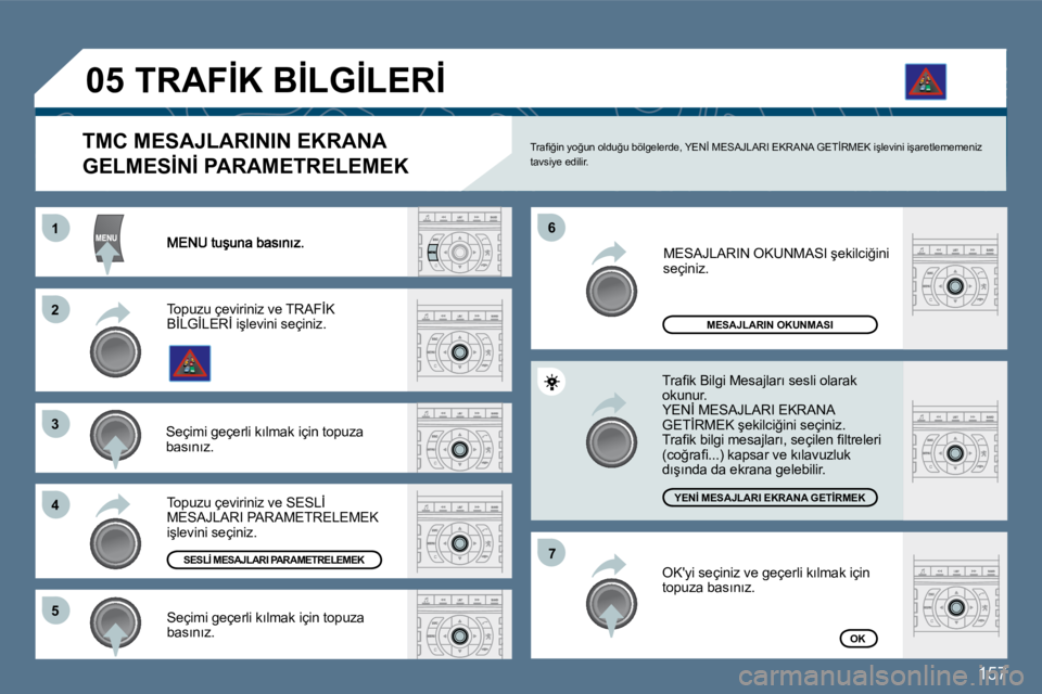 Peugeot 407 2010  Kullanım Kılavuzu (in Turkish) �1�5�7
�1�1
�2�2
�3�3
�4�4
�6�6
�5�5
�7�7
�0�5
� �M�E�S�A�J�L�A�R�I�N� �O�K�U�N�M�A�S�I
�Y�E�N�İ� �M�E�S�A�J�L�A�R�I� �E�K�R�A�N�A� �G�E�T�İ�R�M�E�K� 
�O�K
� � �T�M�C� �M�E�S�A�J�L�A�R�I�N�I�N� �E�K