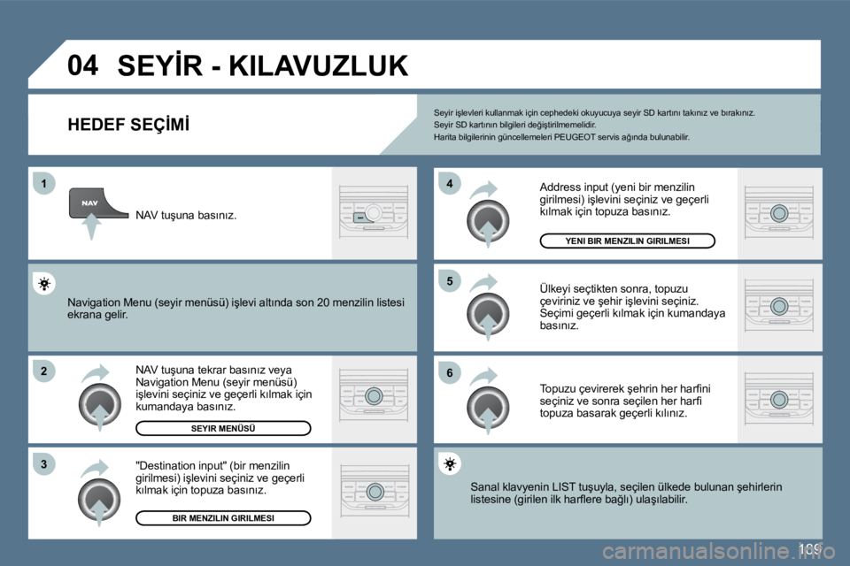 Peugeot 407 2010  Kullanım Kılavuzu (in Turkish) 189
�1
�2
�3
�5 
�6
�4
�0�4� �S�E�Y�İ�R� �-� �K�I�L�A�V�U�Z�L�U�K� 
� � � � � � � � � � � � �H�E�D�E�F� �S�E�Ç�İ�M�İ� 
� � �N�A�V� �t�u�ş�u�n�a� �t�e�k�r�a�r� �b�a�s�ı�n�ı�z� �v�e�y�a� �N�a�v�i
