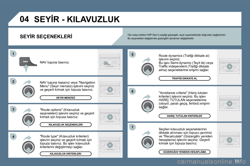 Peugeot 407 2010  Kullanım Kılavuzu (in Turkish) 191
�4
�3
�2
�1
�7
�6
�5
�0�4� �S�E�Y�İ�R� �-� �K�I�L�A�V�U�Z�L�U�K� 
� � �S�E�Y�İ�R� �S�E�Ç�E�N�E�K�L�E�R�İ� 
� � �R�o�u�t�e� �d�y�n�a�m�i�c�s� �(�T�r�a�ﬁ� �ğ�i� �d�i�k�k�a�t�e� �a�l�)� �i�ş�