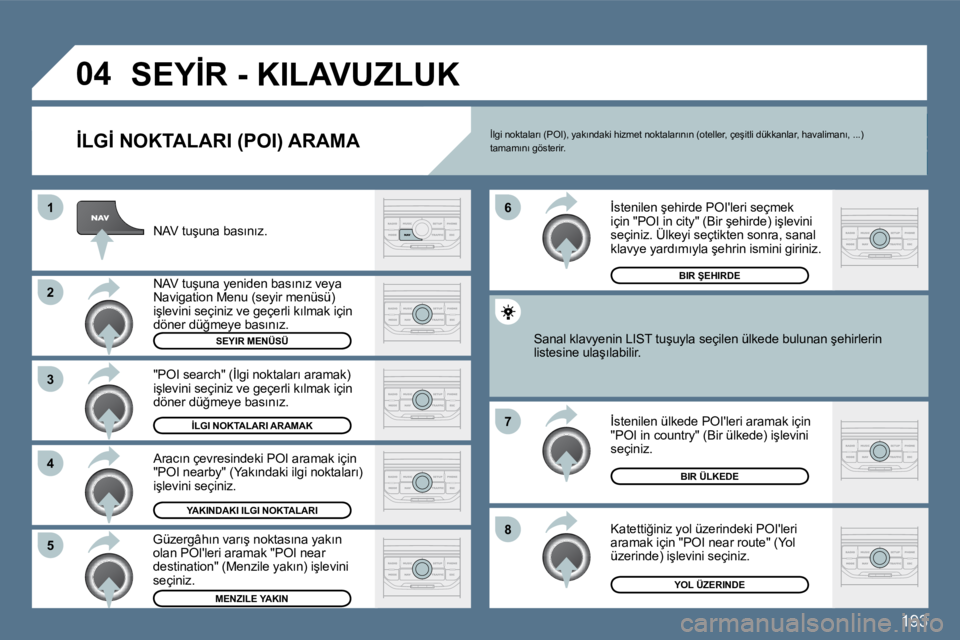 Peugeot 407 2010  Kullanım Kılavuzu (in Turkish) �1�9�3
�8
�6 
�7
�4
�3
�5
�2
�1
�0�4� �S�E�Y�İ�R� �-� �K�I�L�A�V�U�Z�L�U�K� 
� � �İ�L�G�İ� �N�O�K�T�A�L�A�R�I� �(�P�O�I�)� �A�R�A�M�A� 
� � �N�A�V� �t�u�ş�u�n�a� �b�a�s�ı�n�ı�z�.� � 
� � �N�A�V�