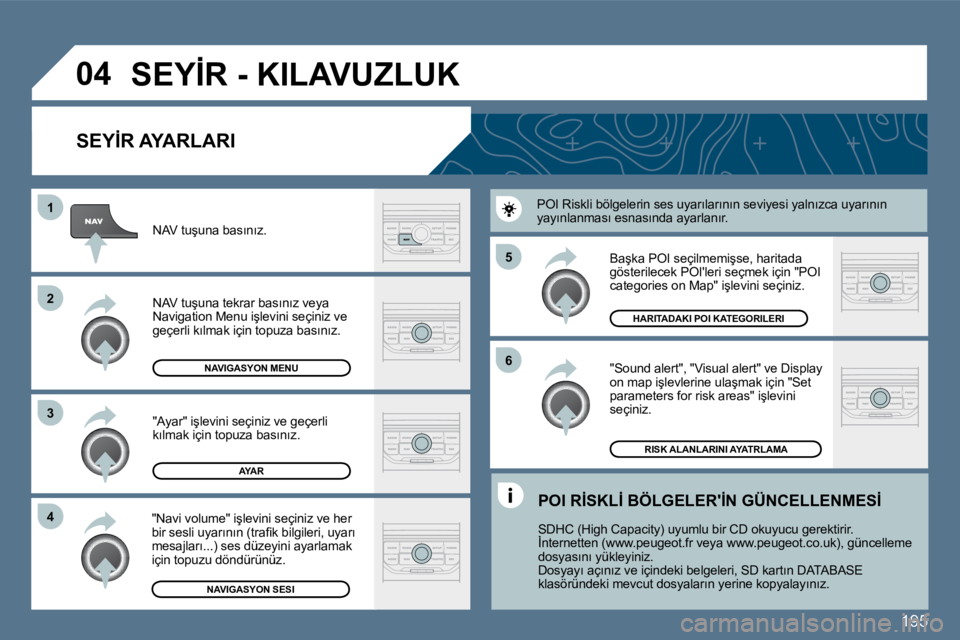 Peugeot 407 2010  Kullanım Kılavuzu (in Turkish) 195
�5 
�6
�3
�2
�1
�4
�0�4
� � �S�E�Y�İ�R� �A�Y�A�R�L�A�R�I� 
� � �"�S�o�u�n�d� �a�l�e�r�t�"�,� �"�V�i�s�u�a�l� �a�l�e�r�t�"� �v�e� �D�i�s�p�l�a�y� �o�n� �m�a�p� �i�ş�l�e�v�l�e�r�i�