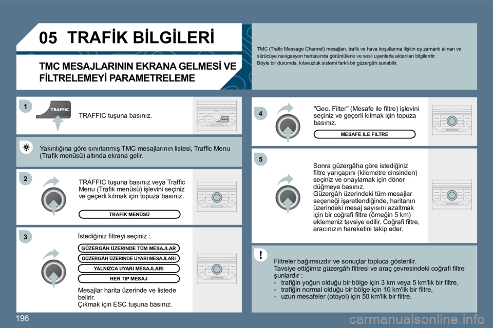 Peugeot 407 2010  Kullanım Kılavuzu (in Turkish) �1�9�6
�2
�1
�3 �4
�5
�0�5� �T�R�A�F�İ�K� �B�İ�L�G�İ�L�E�R�İ� 
� � � � � � � � �T�M�C� �M�E�S�A�J�L�A�R�I�N�I�N� �E�K�R�A�N�A� �G�E�L�M�E�S�İ� �V�E� 
�F�İ�L�T�R�E�L�E�M�E�Y�İ� �P�A�R�A�M�E�T�R�