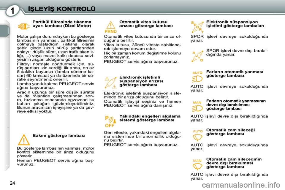 Peugeot 407 2010  Kullanım Kılavuzu (in Turkish) 1
24
� � �P�a�r�t�i�k�ü�l� �ﬁ� �l�t�r�e�s�i�n�d�e� �t�ı�k�a�n�m�a�  
�u�y�a�r�ı� �l�a�m�b�a�s�ı� �(�D�i�z�e�l� �M�o�t�o�r�)� 
� �M�o�t�o�r� �ç�a�l�ı�ş�ı�r� �d�u�r�u�m�d�a�y�k�e�n� �b�u� �g�