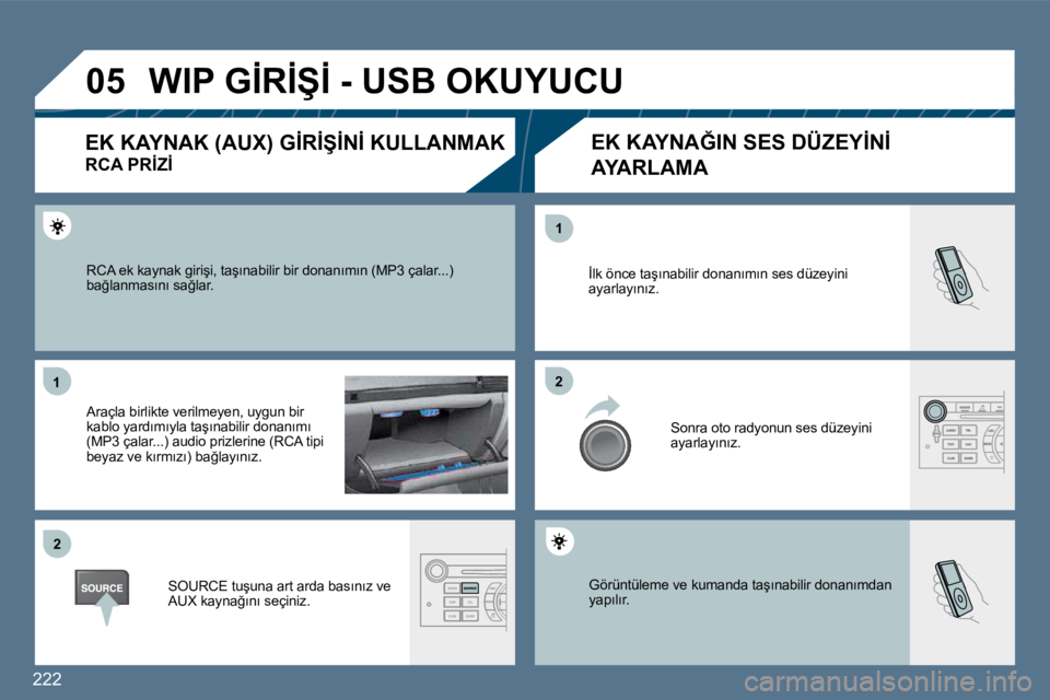 Peugeot 407 2010  Kullanım Kılavuzu (in Turkish) 222
�0�5
�1�1
�2�2
�2�2
�1�1
� �G�ö�r�ü�n�t�ü�l�e�m�e� �v�e� �k�u�m�a�n�d�a� �t�a�ş�ı�n�a�b�i�l�i�r� �d�o�n�a�n�ı�m�d�a�n� �y�a�p�ı�l�ı�r�.� 
� �İ�l�k� �ö�n�c�e� �t�a�ş�ı�n�a�b�i�l�i�r� �d