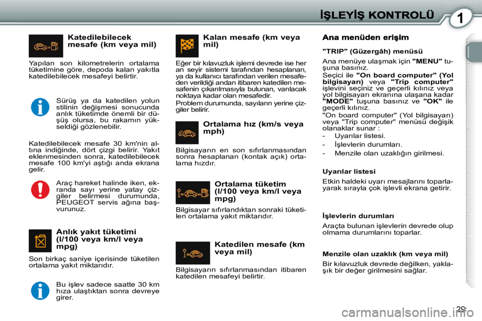 Peugeot 407 2010  Kullanım Kılavuzu (in Turkish) 1
29
� � �K�a�t�e�d�i�l�e�b�i�l�e�c�e�k� �m�e�s�a�f�e� �(�k�m� �v�e�y�a� �m�i�l�)� 
� � �A�n�l�ı�k� �y�a�k�ı�t� �t�ü�k�e�t�i�m�i� �(�l�/�1�0�0� �v�e�y�a� �k�m�/�l� �v�e�y�a� �m�p�g�)� 
� �S�o�n�  �