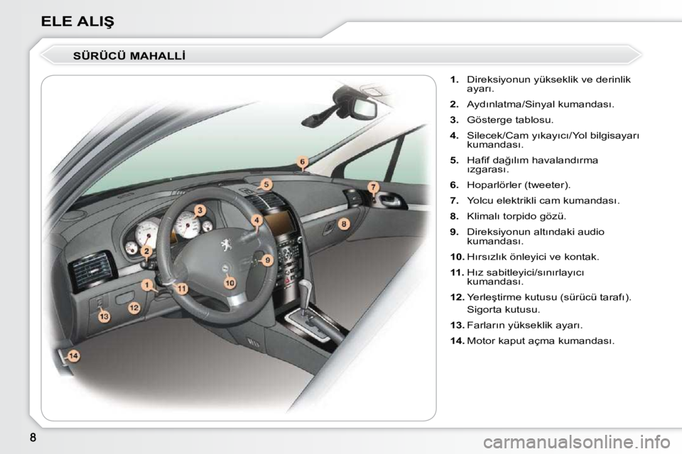 Peugeot 407 2010  Kullanım Kılavuzu (in Turkish) �E�L�E� �A�L�I�Ş� � �S�Ü�R�Ü�C�Ü� �M�A�H�A�L�L�İ�     
1. � �  �D�i�r�e�k�s�i�y�o�n�u�n� �y�ü�k�s�e�k�l�i�k� �v�e� �d�e�r�i�n�l�i�k� 
�a�y�a�r�ı�.� 
  
2. � �  �A�y�d�ı�n�l�a�t�m�a�/�S�i�n�y�a