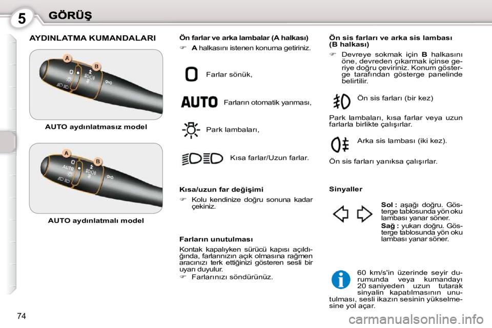 Peugeot 407 2010  Kullanım Kılavuzu (in Turkish) 5
74
 AYDINLATMA KUMANDALARI 
� � �F�a�r�l�a�r�ı�n� �u�n�u�t�u�l�m�a�s�ı�  
� �K�o�n�t�a�k�  �k�a�p�a�l�ı�y�k�e�n�  �s�ü�r�ü�c�ü�  �k�a�p�ı�s�ı�  �a�ç�ı�l�d�ı�- 
�ğ�ı�n�d�a�,� �f�a�r�l�a�