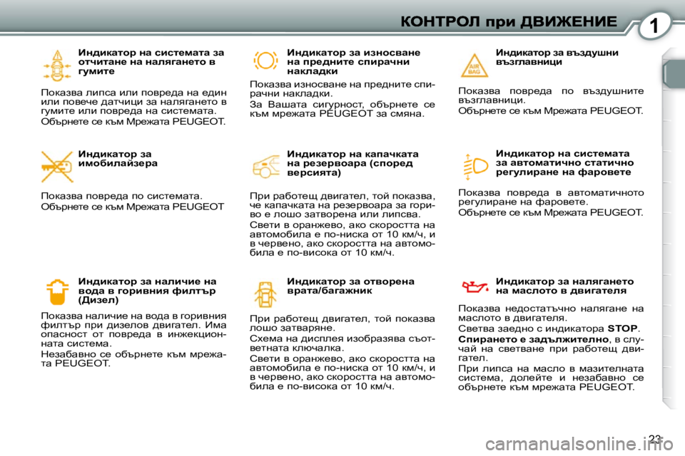 Peugeot 407 2010  Ръководство за експлоатация (in Bulgarian) 1
23
� � BÖ^bdwlhj� Öw� kbkl_fwlw� aw�  
hlqblwÖ_� Öw� ÖweyzwÖ_lh� y� 
zmfbl_� 
� fhdwayw� ebikw� beb� ihyj_^w� Öw� _^