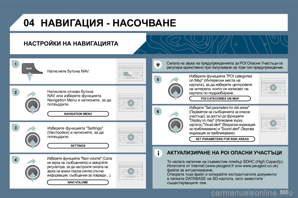 Peugeot 407 2010  Ръководство за експлоатация (in Bulgarian) 195
�5 
�6
�3
�2
�1
�4
�0�4
� � dWhigeCaB� dW� dWYBZWmBviW� 
� � _ax_j_l_� �"�S�e�t� �p�a�r�a�m�e�t�e�r�s� �f�o�r� �r�i�s�k� �a�r�e�a�s�"� �(fwjwf_ljb� 