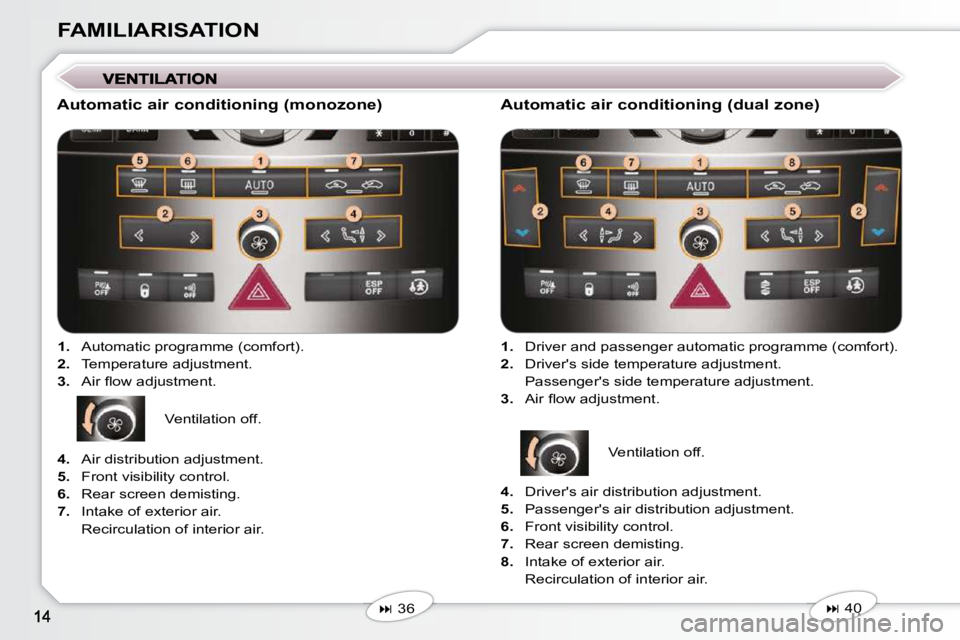 Peugeot 407 2009 User Guide FAMILIARISATION
  Automatic air conditioning (monozone)    
1.    Automatic programme (comfort). 
  
2.    Temperature adjustment. 
  
3. � �  �A�i�r� �ﬂ� �o�w� �a�d�j�u�s�t�m�e�n�t�.� � 
   
�  