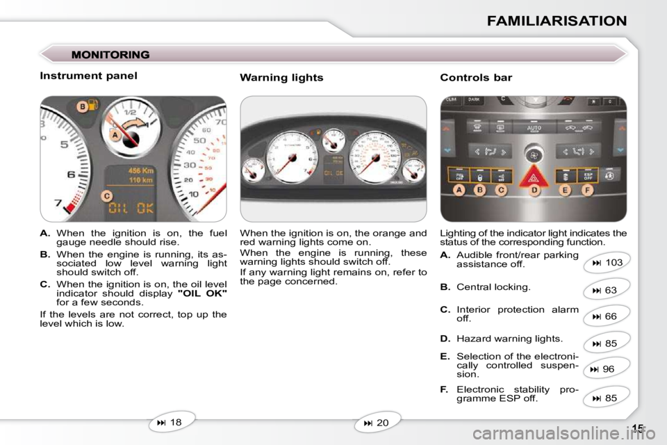 Peugeot 407 2009 User Guide FAMILIARISATION
  Instrument panel  
   
A.    When  the  ignition  is  on,  the  fuel 
gauge needle should rise. 
  
B.    When  the  engine  is  running,  its  as-
sociated  low  level  warning  lig