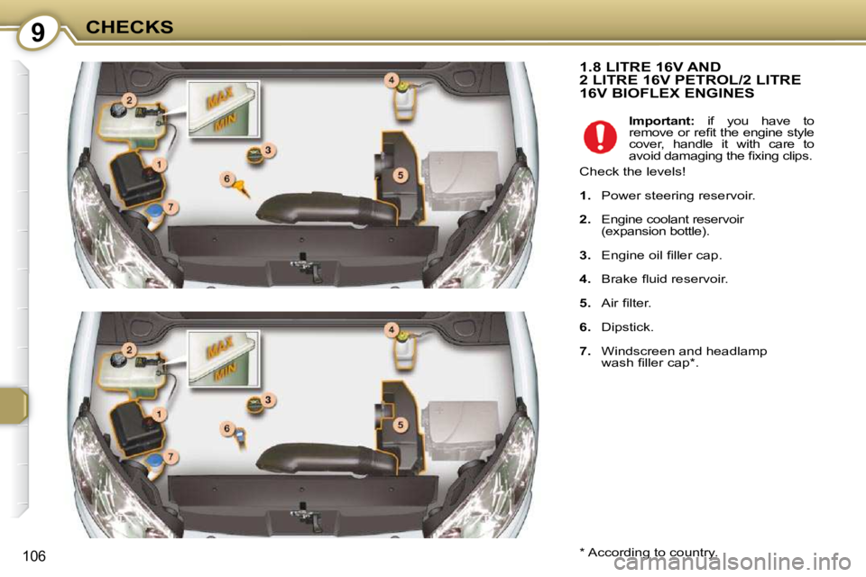 Peugeot 407 2009  Owners Manual 9CHECKS
106
 1.8 LITRE 16V AND 2 LITRE 16V PETROL/2 LITRE 16V BIOFLEX ENGINES 
  *   According to country.  
  
Important:    if  you  have  to
�r�e�m�o�v�e� �o�r� �r�e�ﬁ� �t� �t�h�e� �e�n�g�i�n�e� 