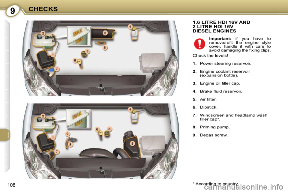 Peugeot 407 2009  Owners Manual 9CHECKS
108
 1.6 LITRE HDI 16V AND2 LITRE HDI 16VDIESEL ENGINES 
  *   According to country.     
Important:    if  you  have  to
�r�e�m�o�v�e�/�r�e�ﬁ� �t�  �t�h�e�  �e�n�g�i�n�e�  �s�t�y�l�e�  
cov