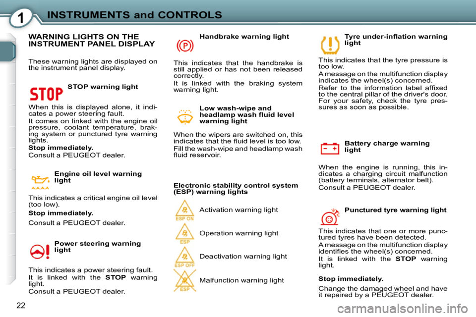 Peugeot 407 2009 Owners Guide 1INSTRUMENTS and CONTROLS
22
Battery charge warning
light
When the engine is running, this in-
dicates a charging circuit malfunction
(battery terminals, alternator belt).
Consult Peugeot 407 2009 Owners Guide 1INSTRUMENTS and CONTROLS
22
Battery charge warning
light
When the engine is running, this in-
dicates a charging circuit malfunction
(battery terminals, alternator belt).
Consult