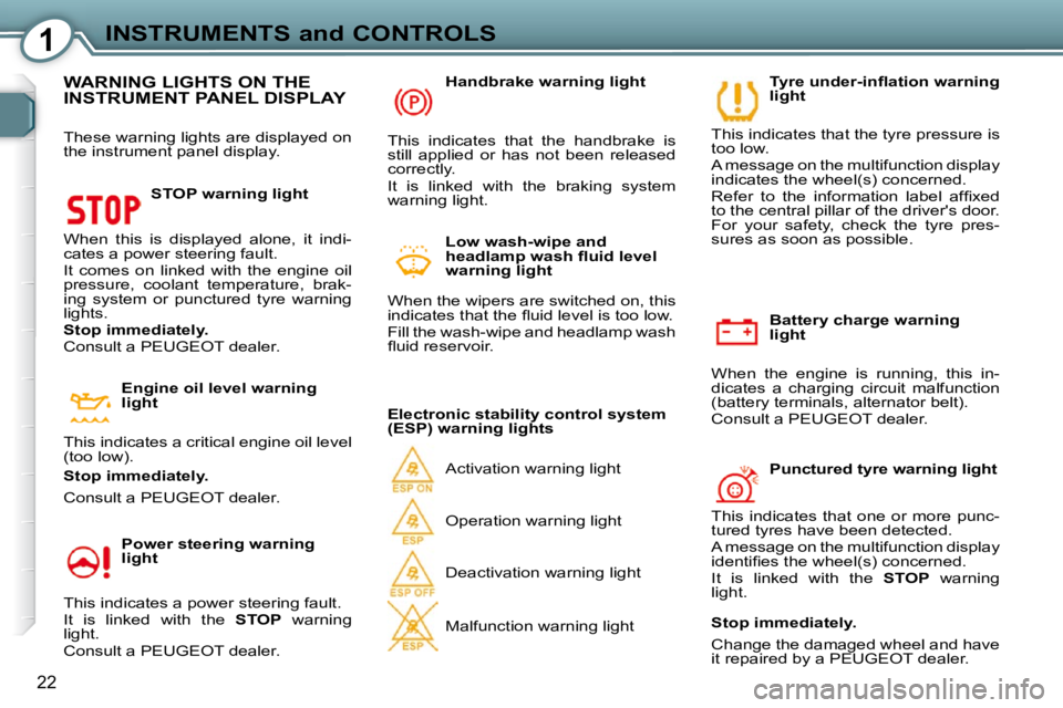 Peugeot 407 2009  Owners Manual 1INSTRUMENTS and CONTROLS
22
  Battery charge warning  
light 
 When  the  engine  is  running,  this  in-
dicates  a  charging  circuit  malfunction 
(battery terminals, alternator belt).  
 Consult 