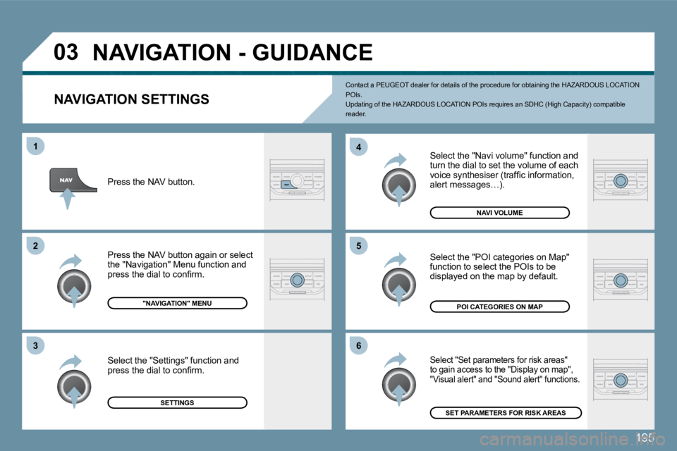 Peugeot 407 2009  Owners Manual 195
�0�3
�6
�4
�5
�1
�2
�3
  NAVIGATION SETTINGS 
 Select the "Navi volume" function and turn the dial to set the volume of each �v�o�i�c�e� �s�y�n�t�h�e�s�i�s�e�r� �(�t�r�a�f�ﬁ� �c� �i�n�f�o�r�m�a�