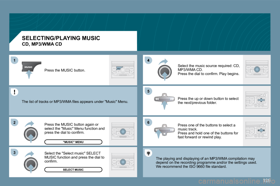 Peugeot 407 2009  Owners Manual 199
�1
�2
�3
�6
�5
  SELECTING/PLAYING MUSIC  
�C�D�,� �M�P�3�/�W�M�A� �C�D� 
� �T�h�e� �p�l�a�y�i�n�g� �a�n�d� �d�i�s�p�l�a�y�i�n�g� �o�f� �a�n� �M�P�3�/�W�M�A� �c�o�m�p�i�l�a�t�i�o�n� �m�a�y� � �T�h