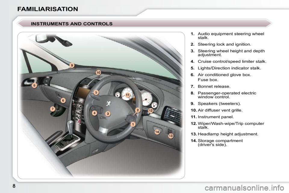 Peugeot 407 2009  Owners Manual FAMILIARISATION  INSTRUMENTS AND CONTROLS     
1.    Audio equipment steering wheel 
stalk. 
  
2.    Steering lock and ignition. 
  
3.    Steering wheel height and depth 
adjustment. 
  
4.    Cruis