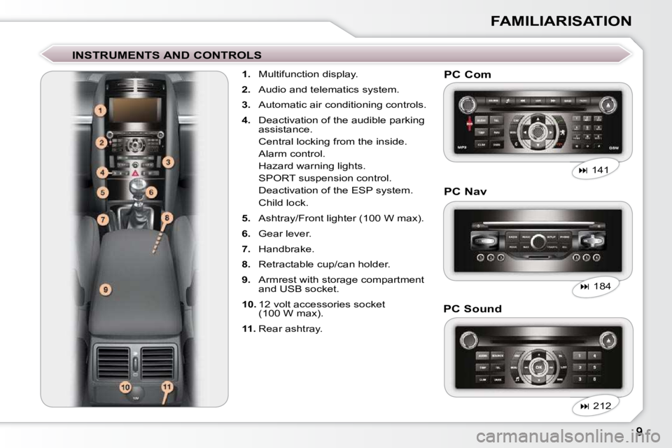 Peugeot 407 2009  Owners Manual FAMILIARISATION
  INSTRUMENTS AND CONTROLS     
1.    Multifunction display. 
  
2.    Audio and telematics system. 
  
3.    Automatic air conditioning controls. 
  
4.    Deactivation of the audible