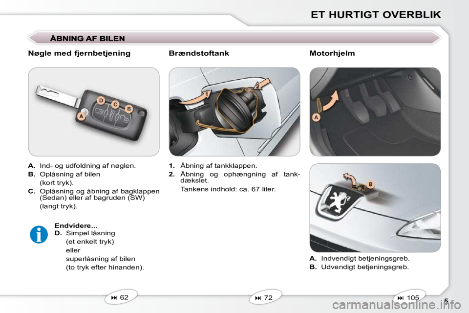 Peugeot 407 2009  Instruktionsbog (in Danish) ET HURTIGT OVERBLIK
  Nøgle med fjernbetjening  
  
A.    Ind- og udfoldning af nøglen .
  
B.    Oplåsning af bilen  
  (kort tryk) . 
  
C.    Oplåsning og åbning af bagklappen 
(Sedan) eller a